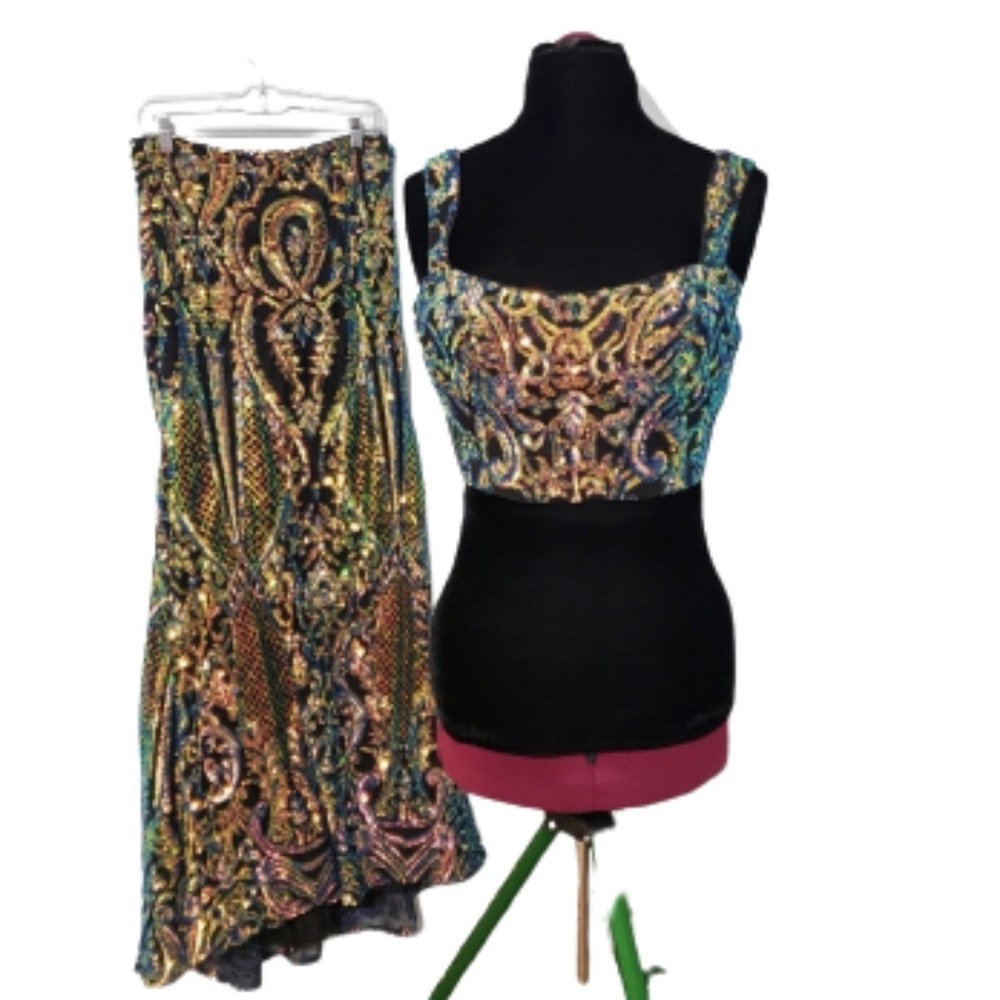 Alisha Hill Iridescent Sequin 2 Piece Prom Dress Mermaid Skirt Crop Top Size 10 - Picture 2 of 12